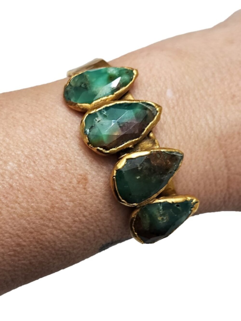Hammered Cuff Bracelet Gold-Tone Bezel-Set Green Stones Jasper Moss Agate - Picture 2 of 5